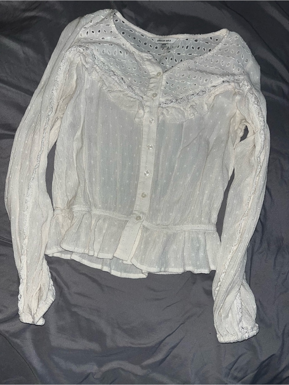American Eagle Outfitters White Eyelet Peplum Button-Front Blouse